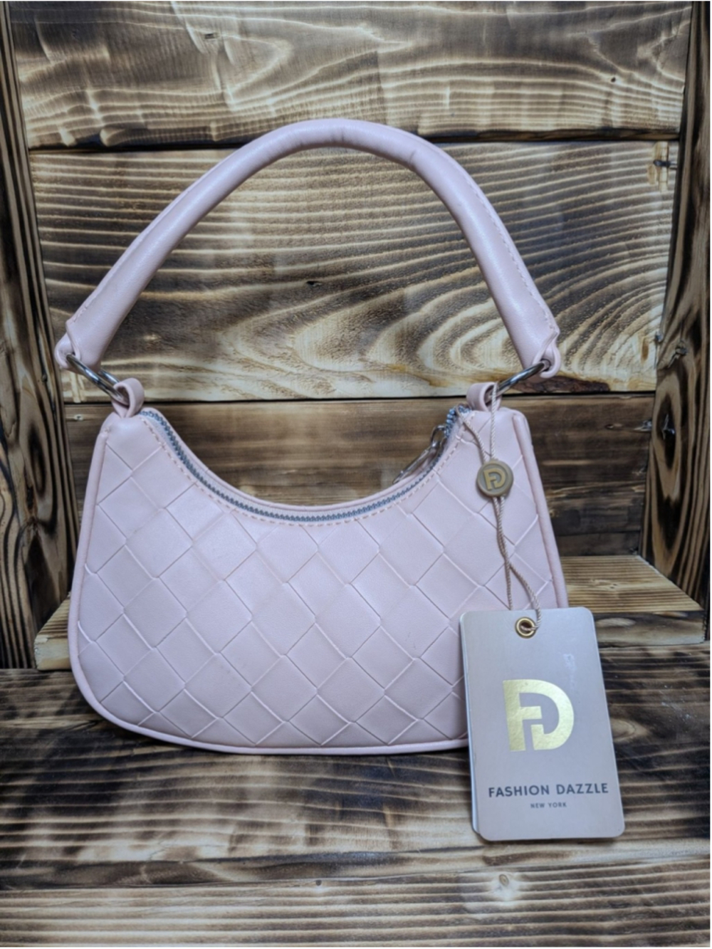 Fashion Dazzle Shoulder Bag Womens Small Pink Faux Leather Woven Purse Handbag